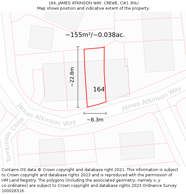 164, JAMES ATKINSON WAY, CREWE, CW1 3NU: Plot and title map