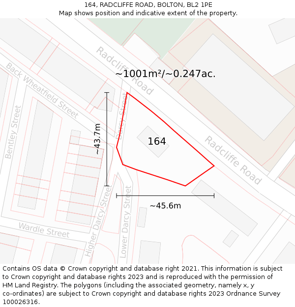 164, RADCLIFFE ROAD, BOLTON, BL2 1PE: Plot and title map