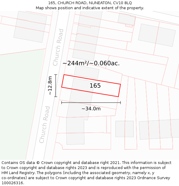 165, CHURCH ROAD, NUNEATON, CV10 8LQ: Plot and title map