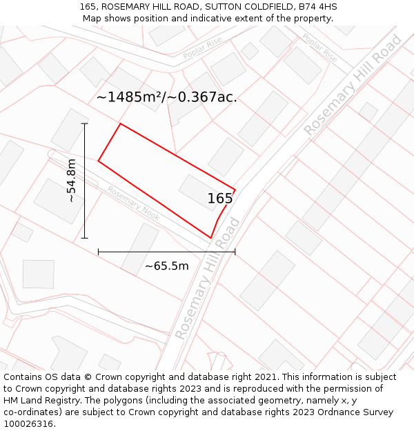 165, ROSEMARY HILL ROAD, SUTTON COLDFIELD, B74 4HS: Plot and title map