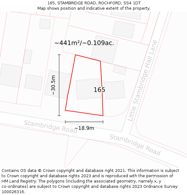 165, STAMBRIDGE ROAD, ROCHFORD, SS4 1DT: Plot and title map