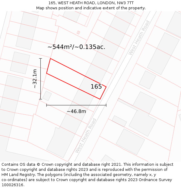 165, WEST HEATH ROAD, LONDON, NW3 7TT: Plot and title map