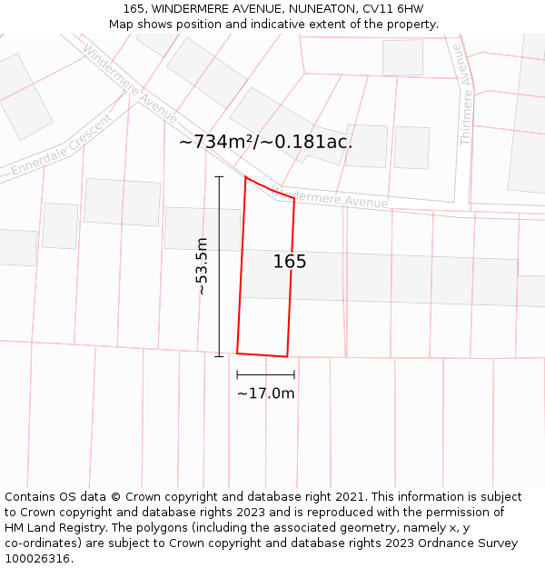 165, WINDERMERE AVENUE, NUNEATON, CV11 6HW: Plot and title map
