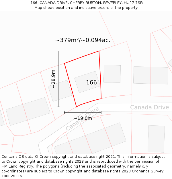 166, CANADA DRIVE, CHERRY BURTON, BEVERLEY, HU17 7SB: Plot and title map