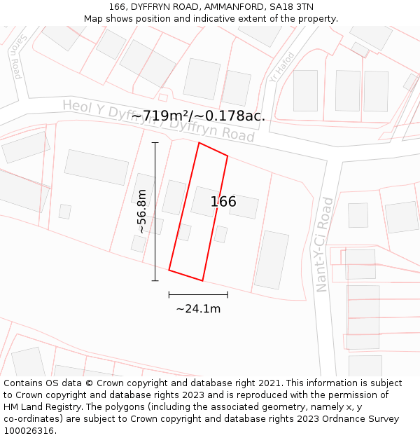 166, DYFFRYN ROAD, AMMANFORD, SA18 3TN: Plot and title map