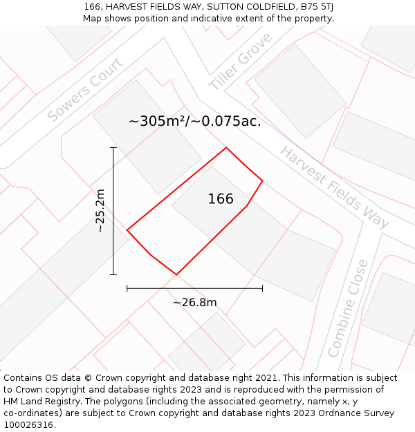 166, HARVEST FIELDS WAY, SUTTON COLDFIELD, B75 5TJ: Plot and title map