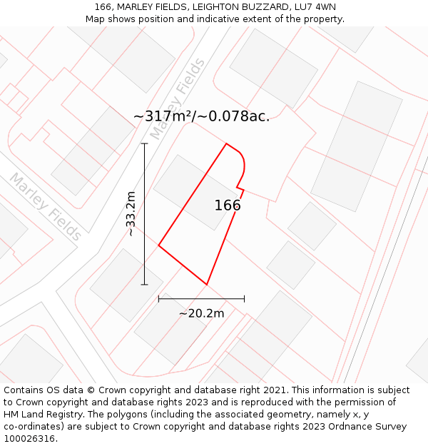 166, MARLEY FIELDS, LEIGHTON BUZZARD, LU7 4WN: Plot and title map