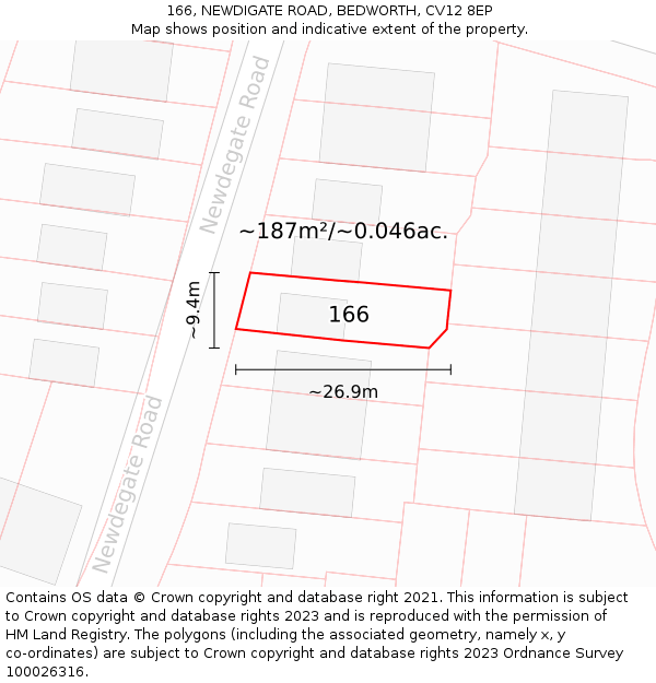 166, NEWDIGATE ROAD, BEDWORTH, CV12 8EP: Plot and title map