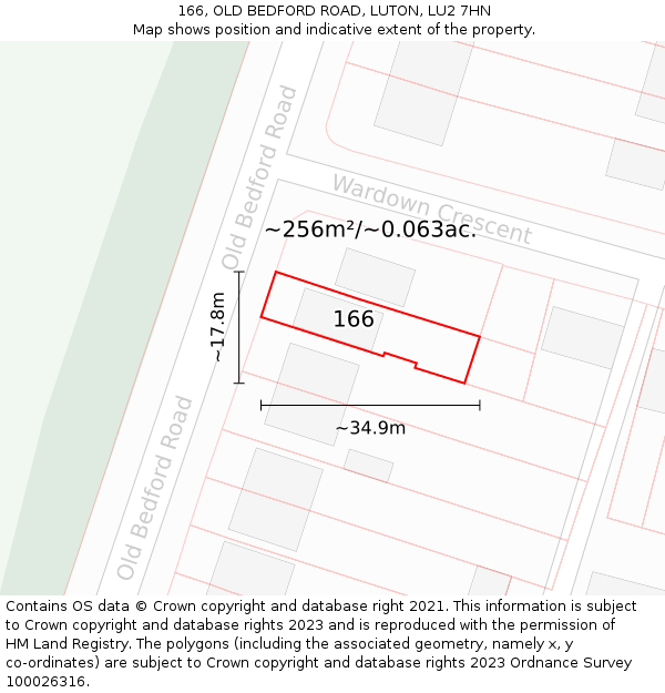 166, OLD BEDFORD ROAD, LUTON, LU2 7HN: Plot and title map