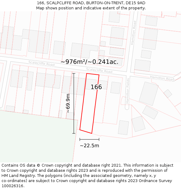 166, SCALPCLIFFE ROAD, BURTON-ON-TRENT, DE15 9AD: Plot and title map