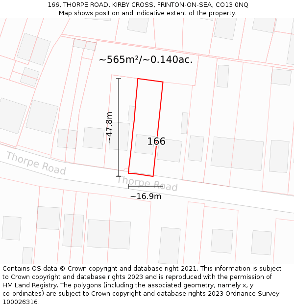 166, THORPE ROAD, KIRBY CROSS, FRINTON-ON-SEA, CO13 0NQ: Plot and title map