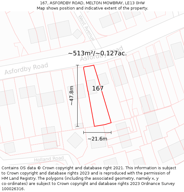 167, ASFORDBY ROAD, MELTON MOWBRAY, LE13 0HW: Plot and title map