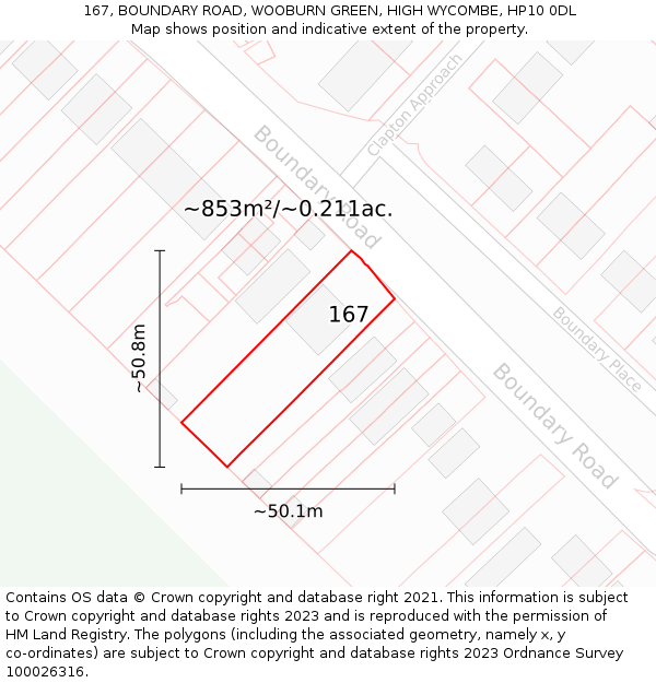 167, BOUNDARY ROAD, WOOBURN GREEN, HIGH WYCOMBE, HP10 0DL: Plot and title map