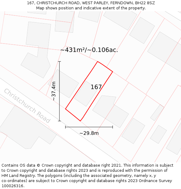 167, CHRISTCHURCH ROAD, WEST PARLEY, FERNDOWN, BH22 8SZ: Plot and title map