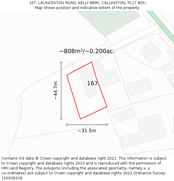 167, LAUNCESTON ROAD, KELLY BRAY, CALLINGTON, PL17 8DU: Plot and title map