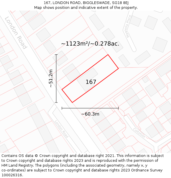 167, LONDON ROAD, BIGGLESWADE, SG18 8EJ: Plot and title map