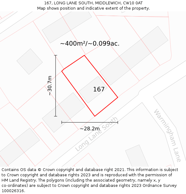 167, LONG LANE SOUTH, MIDDLEWICH, CW10 0AT: Plot and title map