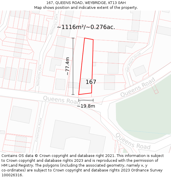 167, QUEENS ROAD, WEYBRIDGE, KT13 0AH: Plot and title map