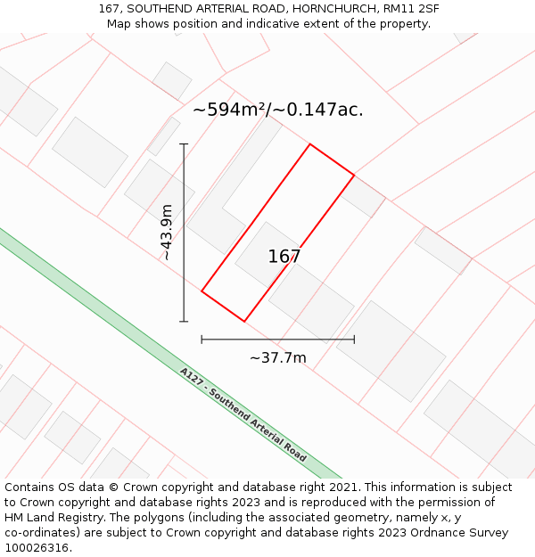 167, SOUTHEND ARTERIAL ROAD, HORNCHURCH, RM11 2SF: Plot and title map