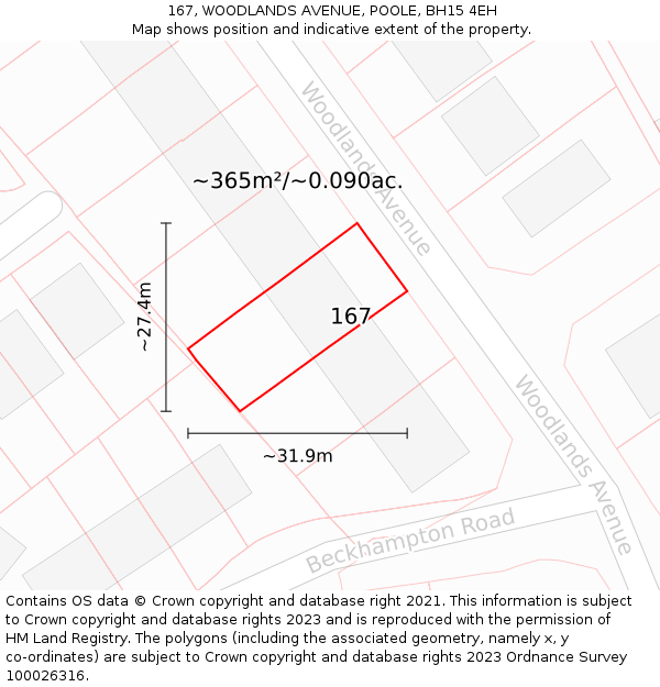 167, WOODLANDS AVENUE, POOLE, BH15 4EH: Plot and title map