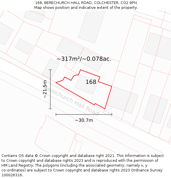 168, BERECHURCH HALL ROAD, COLCHESTER, CO2 9PN: Plot and title map