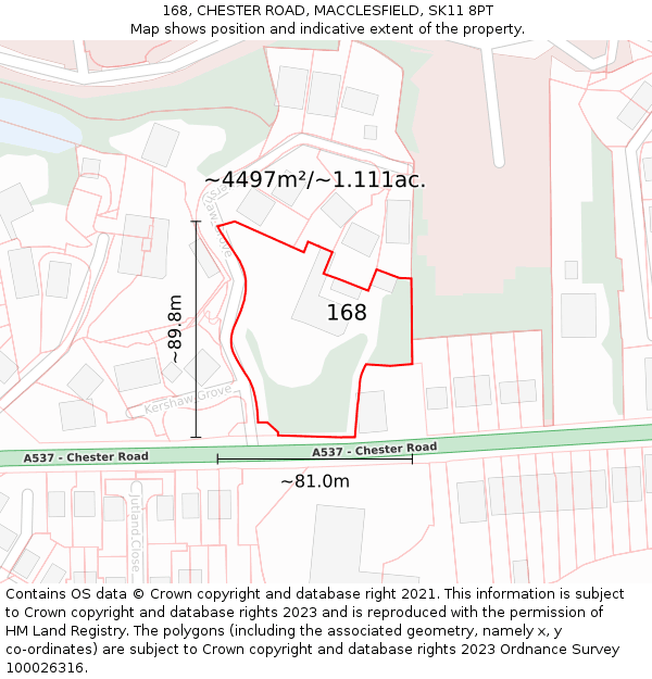 168, CHESTER ROAD, MACCLESFIELD, SK11 8PT: Plot and title map