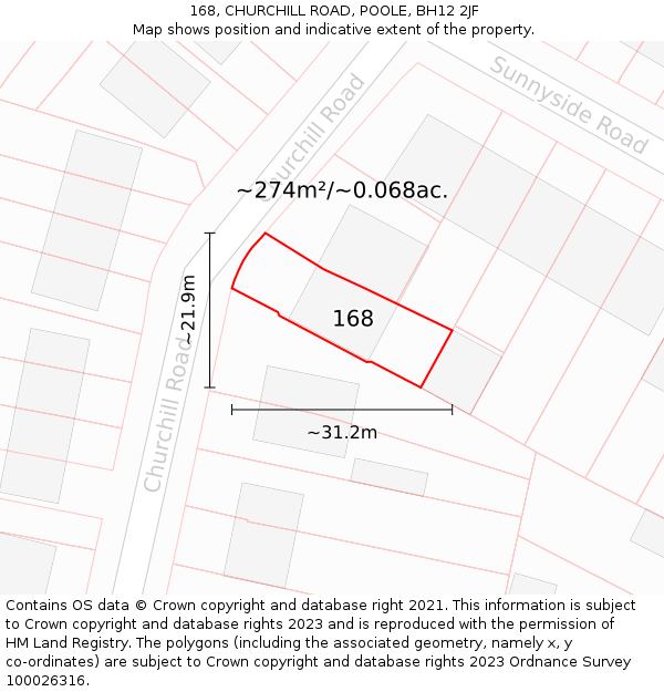 168, CHURCHILL ROAD, POOLE, BH12 2JF: Plot and title map