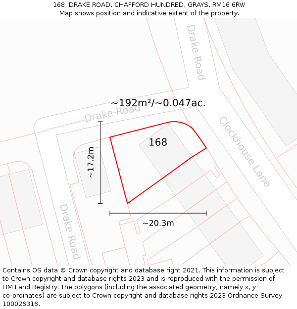 168, DRAKE ROAD, CHAFFORD HUNDRED, GRAYS, RM16 6RW: Plot and title map