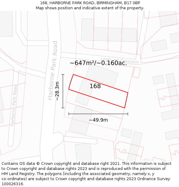 168, HARBORNE PARK ROAD, BIRMINGHAM, B17 0BP: Plot and title map