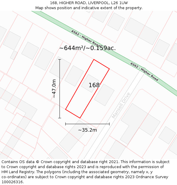 168, HIGHER ROAD, LIVERPOOL, L26 1UW: Plot and title map