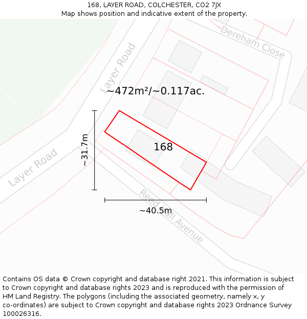 168, LAYER ROAD, COLCHESTER, CO2 7JX: Plot and title map