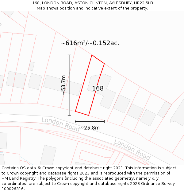 168, LONDON ROAD, ASTON CLINTON, AYLESBURY, HP22 5LB: Plot and title map