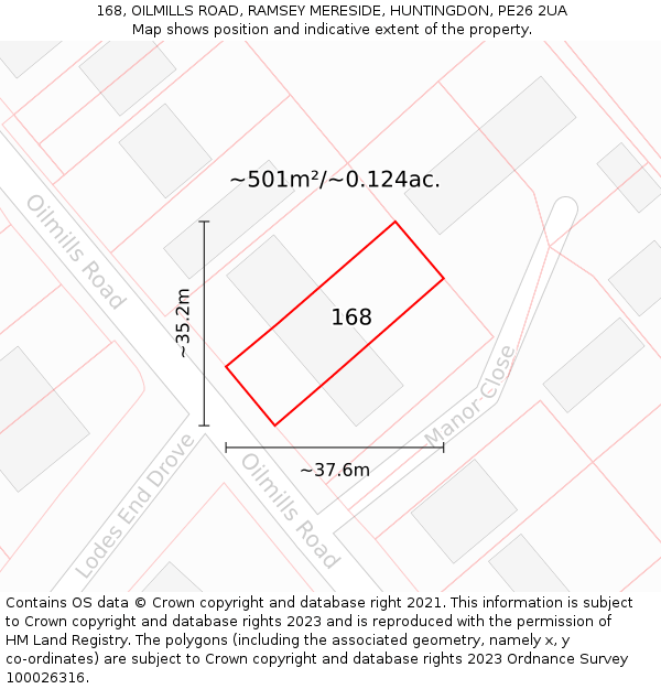 168, OILMILLS ROAD, RAMSEY MERESIDE, HUNTINGDON, PE26 2UA: Plot and title map