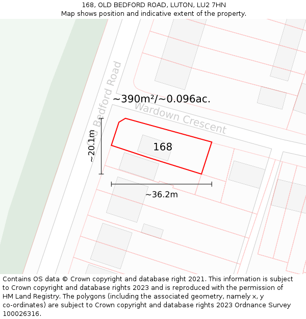 168, OLD BEDFORD ROAD, LUTON, LU2 7HN: Plot and title map