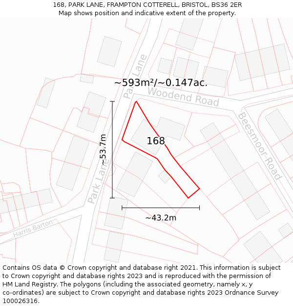 168, PARK LANE, FRAMPTON COTTERELL, BRISTOL, BS36 2ER: Plot and title map