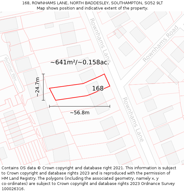 168, ROWNHAMS LANE, NORTH BADDESLEY, SOUTHAMPTON, SO52 9LT: Plot and title map