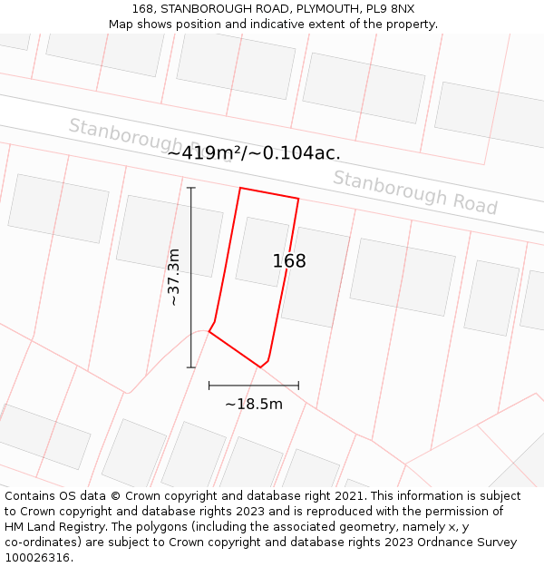 168, STANBOROUGH ROAD, PLYMOUTH, PL9 8NX: Plot and title map