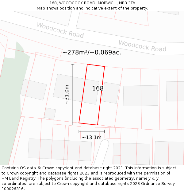 168, WOODCOCK ROAD, NORWICH, NR3 3TA: Plot and title map