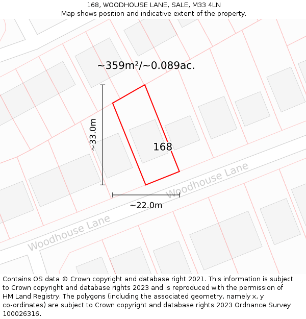 168, WOODHOUSE LANE, SALE, M33 4LN: Plot and title map