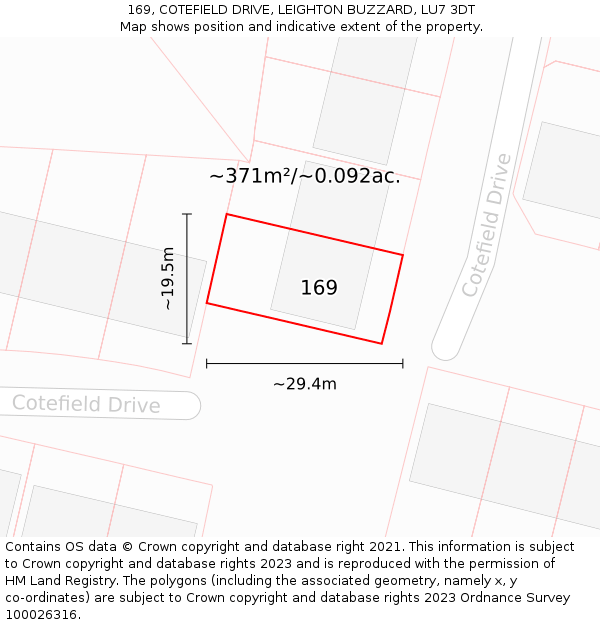 169, COTEFIELD DRIVE, LEIGHTON BUZZARD, LU7 3DT: Plot and title map