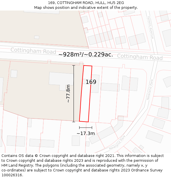 169, COTTINGHAM ROAD, HULL, HU5 2EG: Plot and title map