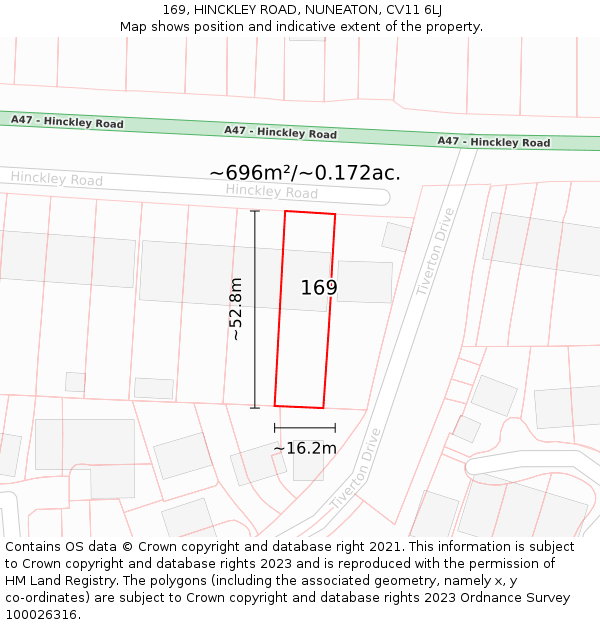 169, HINCKLEY ROAD, NUNEATON, CV11 6LJ: Plot and title map