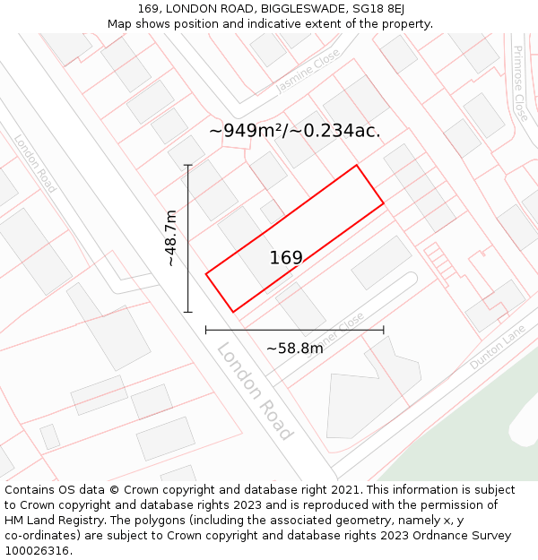 169, LONDON ROAD, BIGGLESWADE, SG18 8EJ: Plot and title map