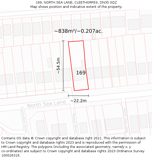 169, NORTH SEA LANE, CLEETHORPES, DN35 0QZ: Plot and title map