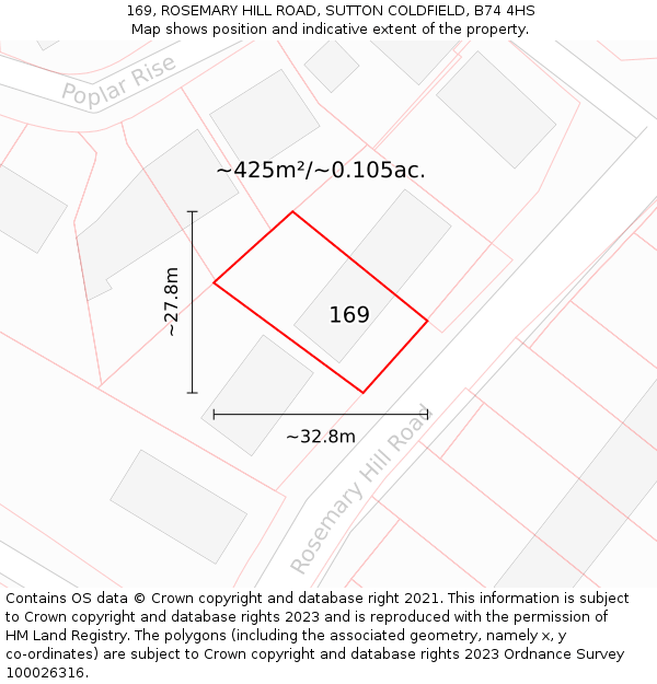 169, ROSEMARY HILL ROAD, SUTTON COLDFIELD, B74 4HS: Plot and title map