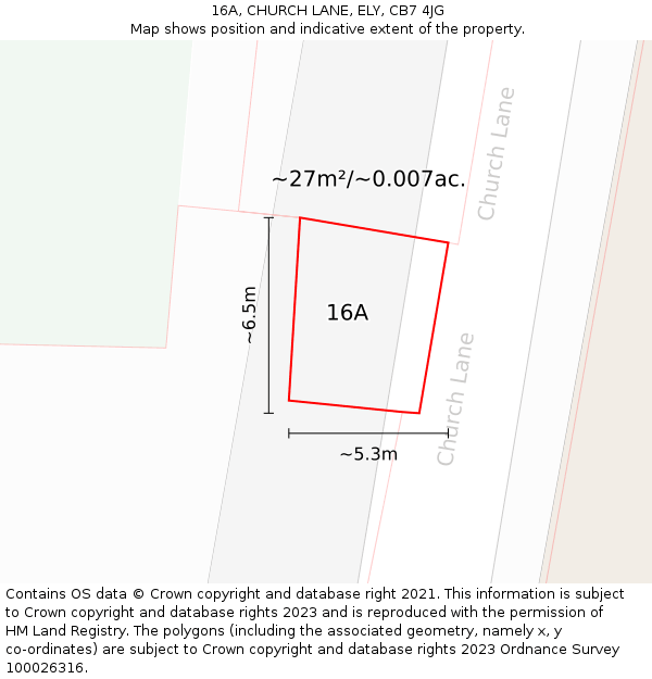 16A, CHURCH LANE, ELY, CB7 4JG: Plot and title map