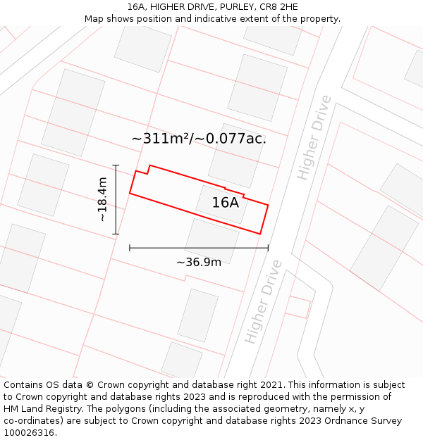 16A, HIGHER DRIVE, PURLEY, CR8 2HE: Plot and title map