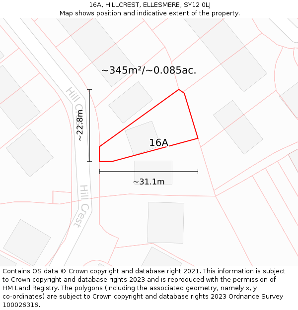 16A, HILLCREST, ELLESMERE, SY12 0LJ: Plot and title map