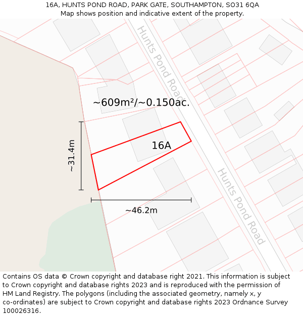 16A, HUNTS POND ROAD, PARK GATE, SOUTHAMPTON, SO31 6QA: Plot and title map