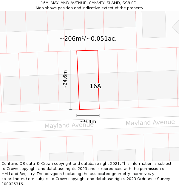 16A, MAYLAND AVENUE, CANVEY ISLAND, SS8 0DL: Plot and title map